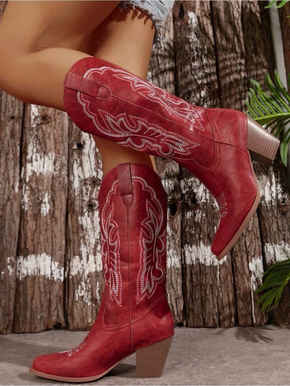 Women's Red Western Embroidered Mid-Calf Boots